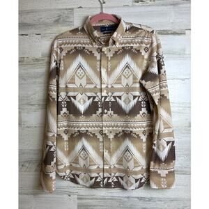 Ralph Lauren Women's L Button Up Brown Knit Oxford Country boho aztec shirt top